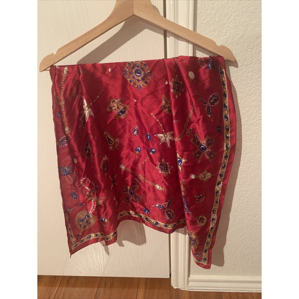 hiroko for dozo 100% silk scarf vintage 31x31 red jewelry pattern excellent cond